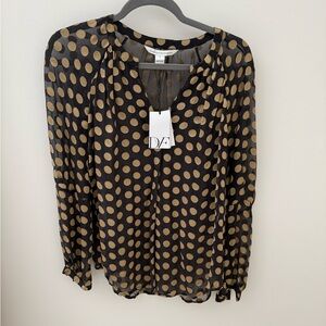 NWT DVF dressy sheer black with gold dots blouse size 2